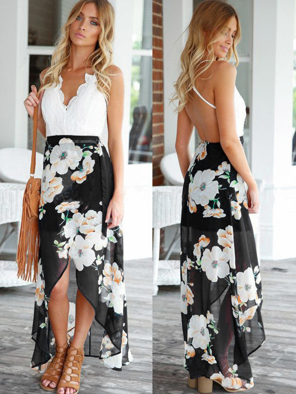 Black Chiffon Bohemian V Neck  Beach Dresses