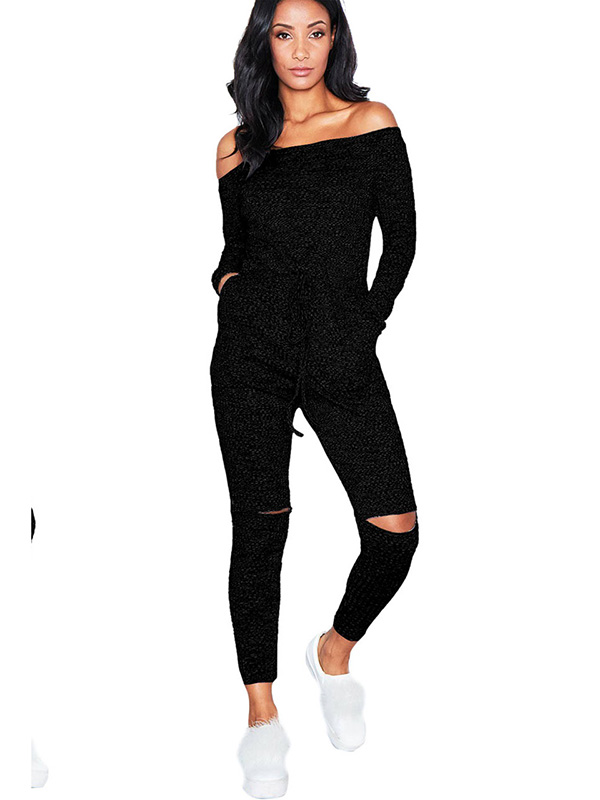 Black Dew Shoulder Broken Holes Jumpsuits 