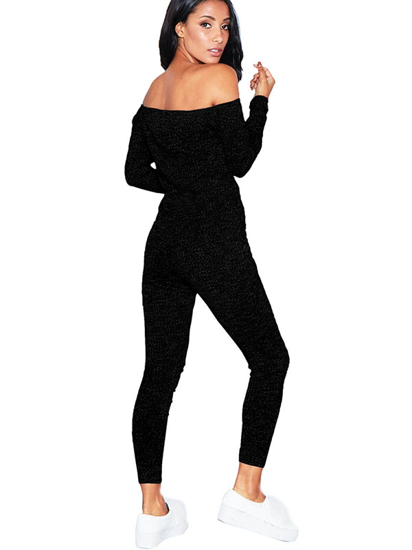 Black Dew Shoulder Broken Holes Jumpsuits 