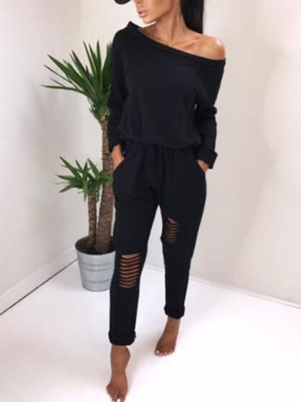 Black Dew Shoulder Neck Hollow-out Jumpsuits
