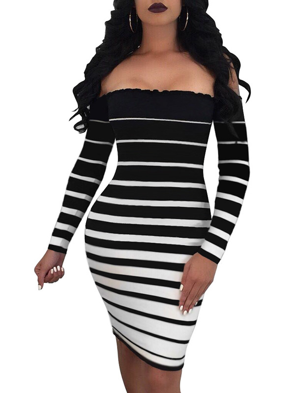 Black Dew Shoulder Striped Bodycon Dress