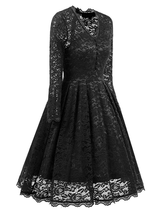 Black Fashion Lace Trim Patchwork Dress