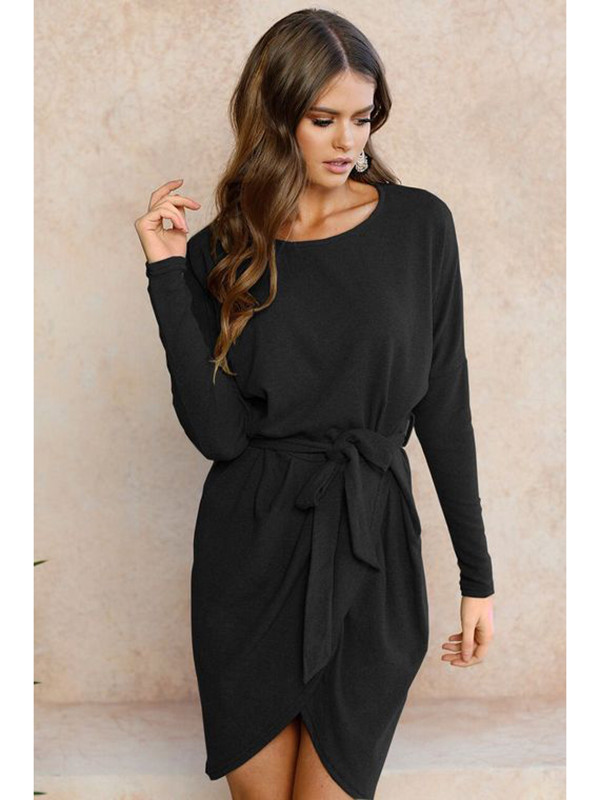 Black Long Sleeves Asymmetrical Sweater Dress 