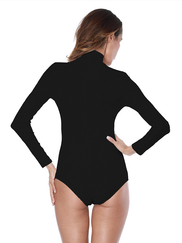 Black Long Sleeves Nylon One-piece Bodysuit 