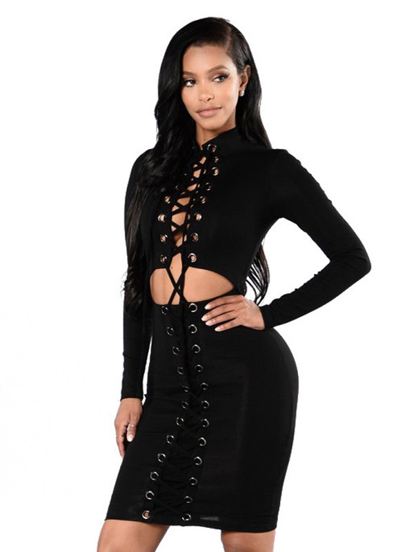 Black Mandarin Collar Lace-up Hollow-out Bodycon Dress