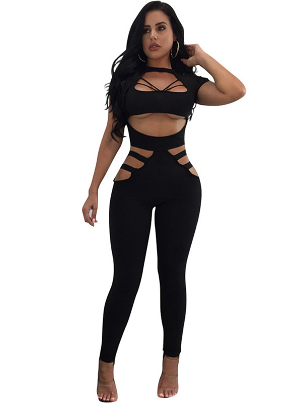 Black Round Neck Hollow-out Jumpsuits 