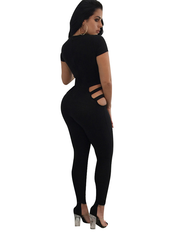 Black Round Neck Hollow-out Jumpsuits 