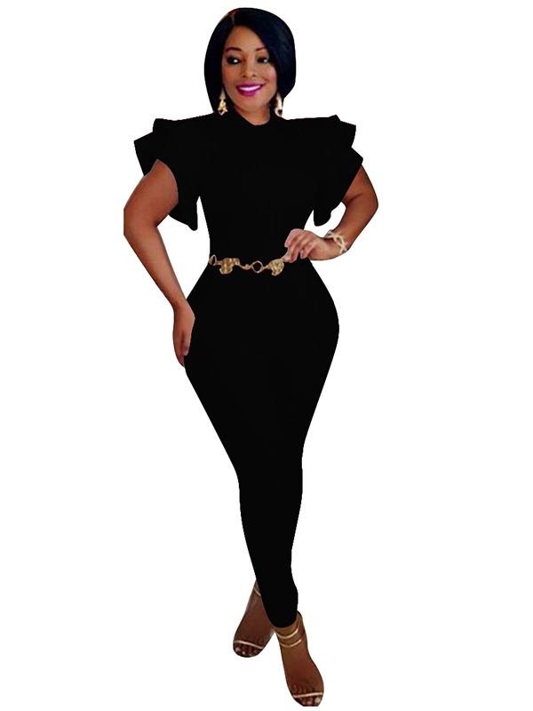 Black Round Neck Lotus Leaf Sleeves Jumpsuits