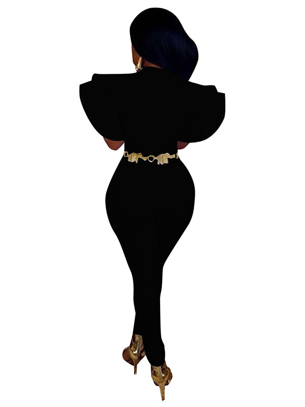 Black Round Neck Lotus Leaf Sleeves Jumpsuits