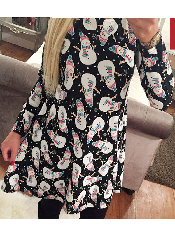 Black Round Neck Printed Blue Casual Dress 