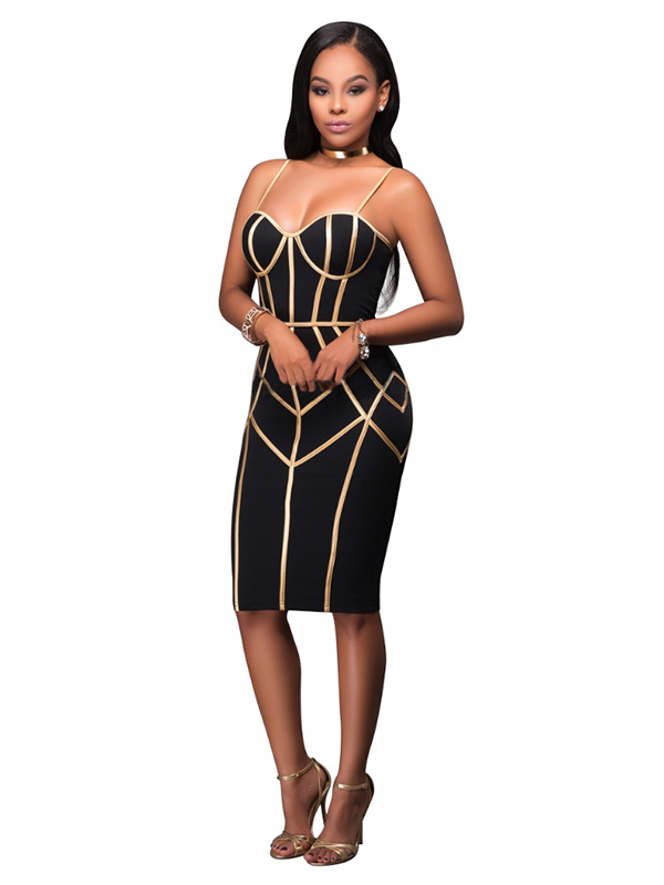 Black S-XL Sexy Striped Straps Midi Dress