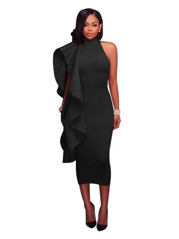 Black S-XXL Back Zipper Maxi Dress