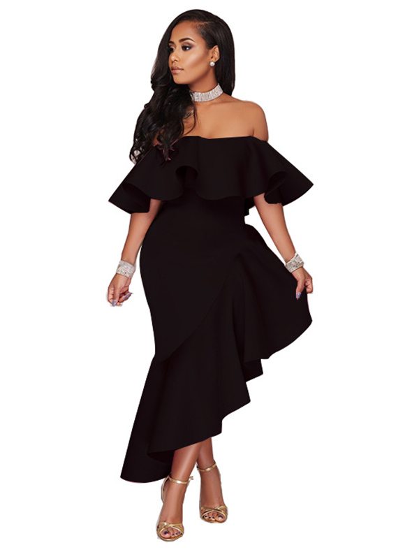 Black S-XXL Sexy Bateau Neck Maxi Dress