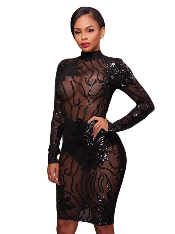 Black See-Through Gauze Patchwork Sequined Dress