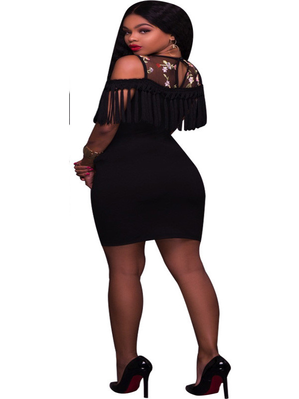 Black Sexy Dew Shoulder Tassel Mini Dress 