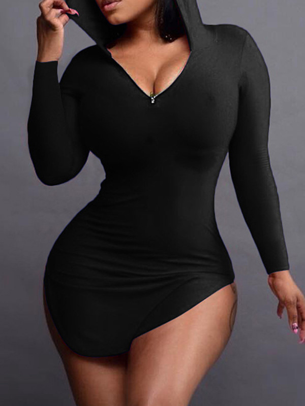 Black Sexy Hooded Collar Irregular Casual Dress 