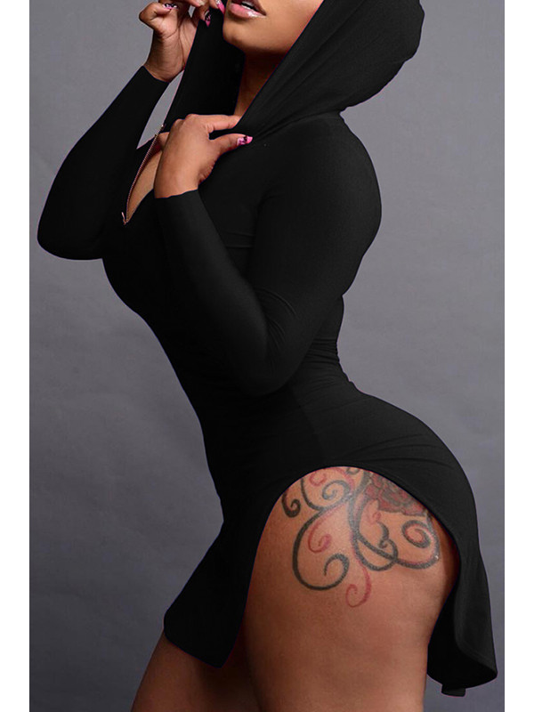 Black Sexy Hooded Collar Irregular Casual Dress 