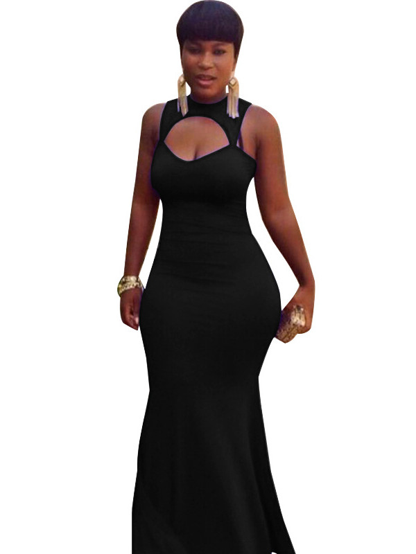 Black Sexy Round Neck Hollow-out Maxi Dress