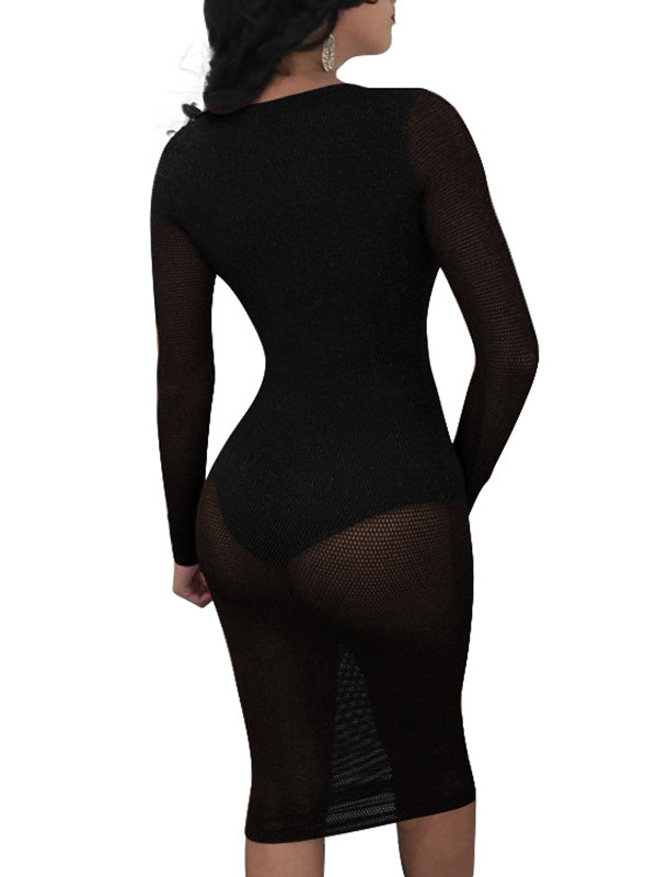 Black Sexy U Neck See-Through Midi Dress 