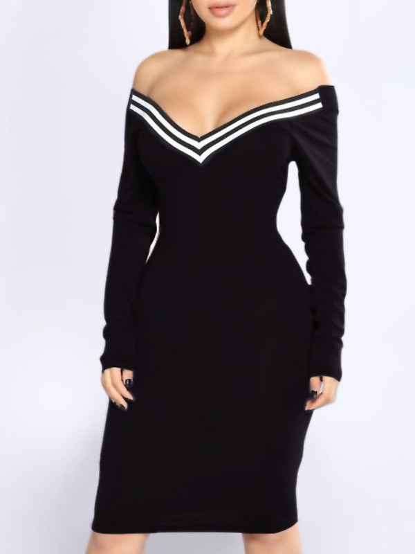 Black Sexy V Neck Cap Sleeves Striped Midi Dress 