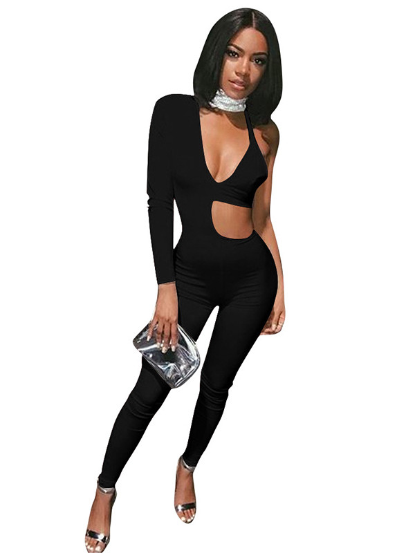 Black Sexy V Neck Hollow-out Asymmetrical Jumpsuits 