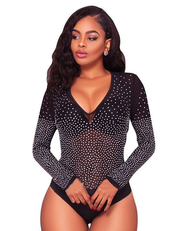 Black Sexy V Neck Hot Drilling Decorative Bodysuit 