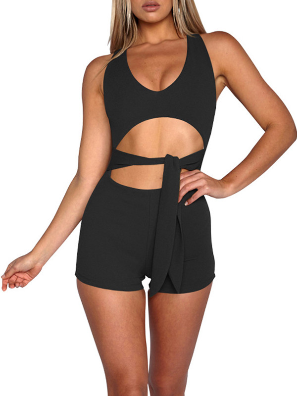 Black Sexy V Neck Lace-up Hollow-out Jumpsuits