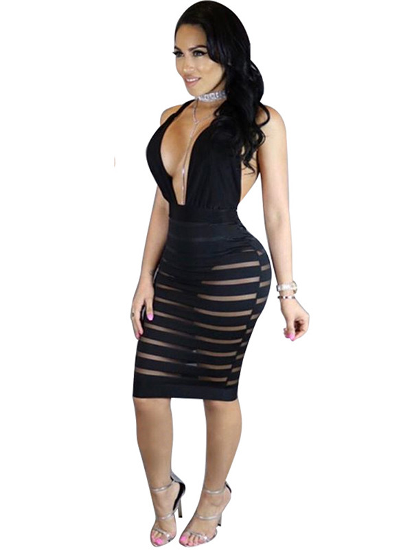 Black Sleeveless See-Through Backless Dress