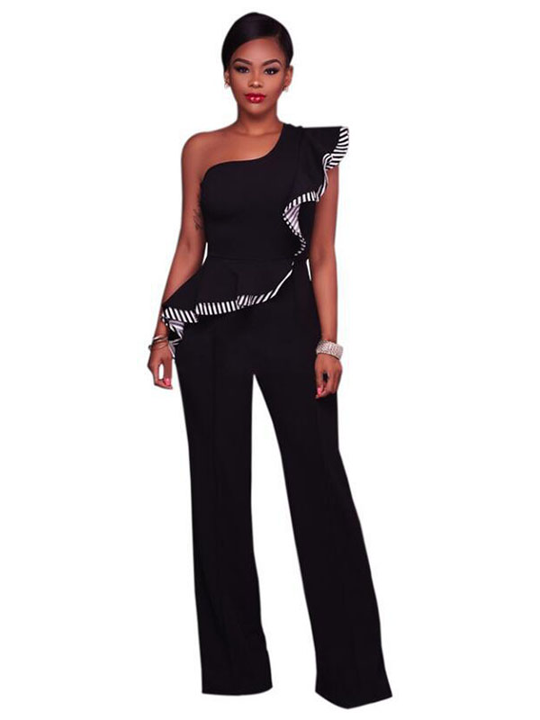 Black Stylish Asymmetrical Cotton One-piece Jumpsuits   