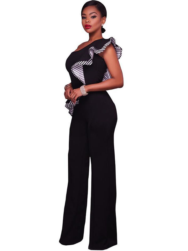 Black Stylish Asymmetrical Cotton One-piece Jumpsuits   