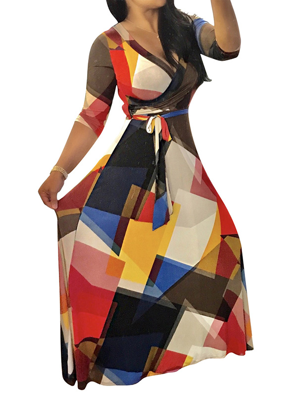 Black Stylish V Neck Printed Maxi Dress