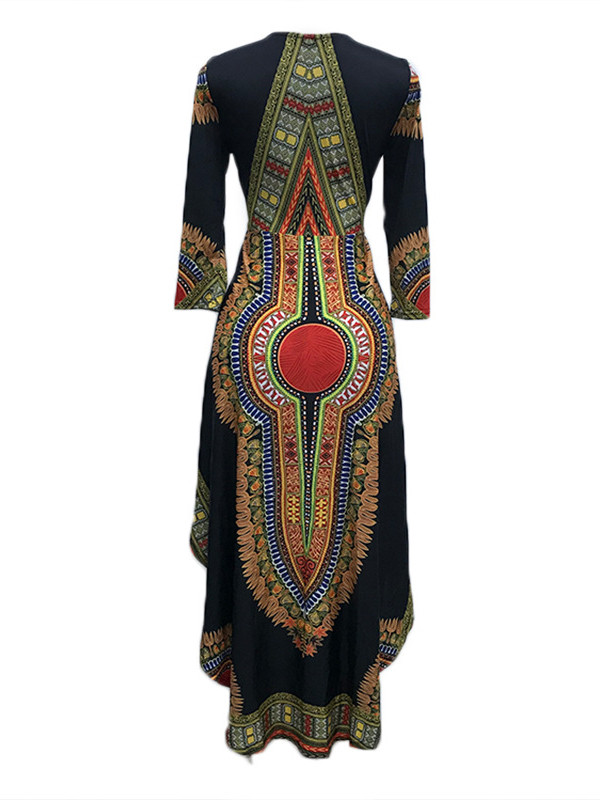 Black Three Quarter Sleeves Printed Asymmetrical Dress