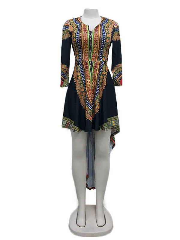 Black Three Quarter Sleeves Printed Asymmetrical Dress