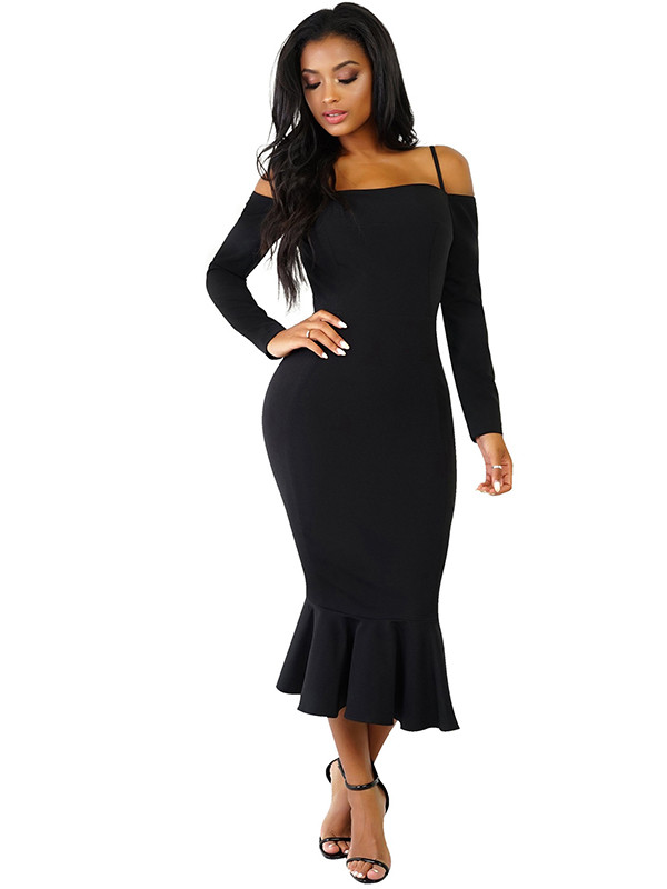 Black Trendy Falbala Design Sheath Dress 