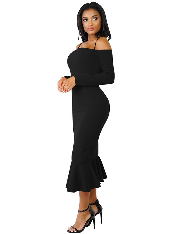 Black Trendy Falbala Design Sheath Dress 