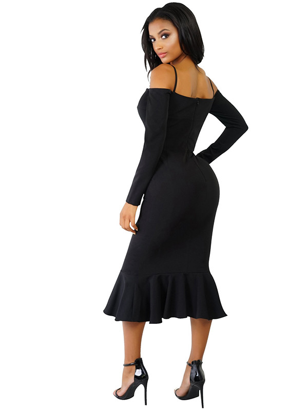 Black Trendy Falbala Design Sheath Dress 