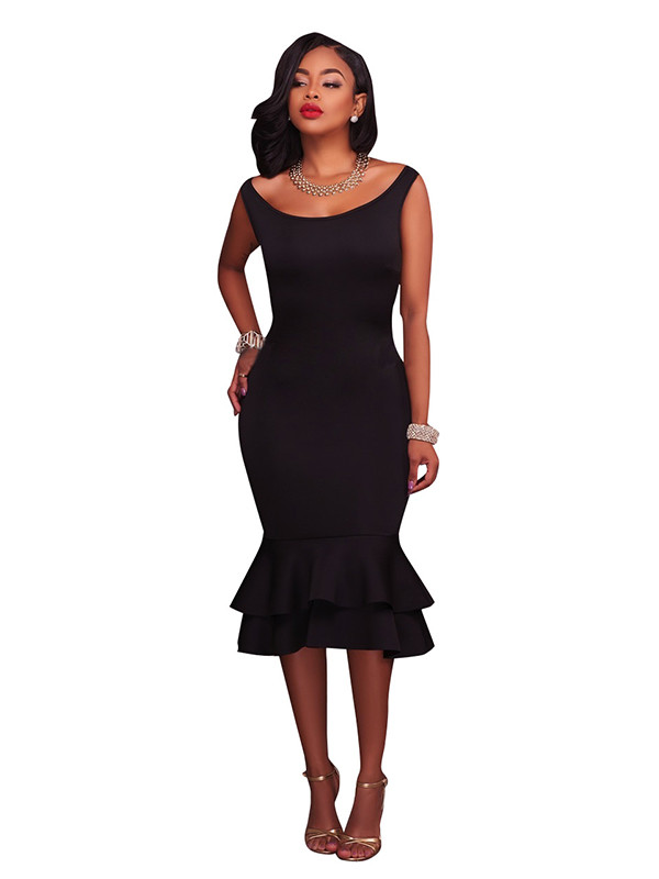 Black Trendy Round Neck Falbala Design Dress