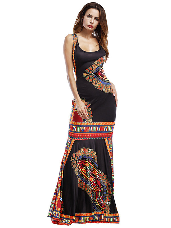 Black Trendy Spaghetti Strap Sleeveless Printed Dress