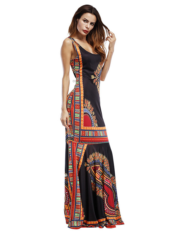 Black Trendy Spaghetti Strap Sleeveless Printed Dress