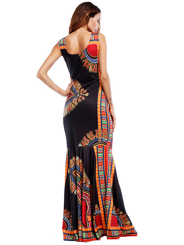 Black Trendy Spaghetti Strap Sleeveless Printed Dress