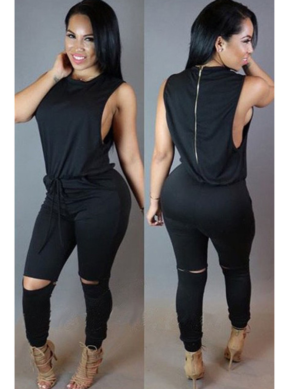 Black Trendy Tank Sleeveless Zipper Jumpsuits 