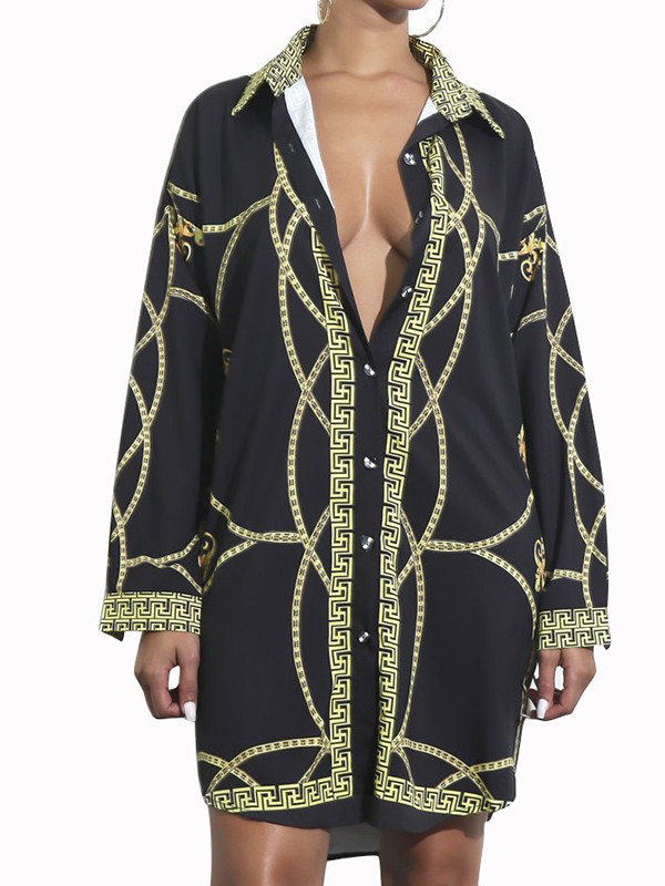 Black Trendy Turndown Collar Printed Dress