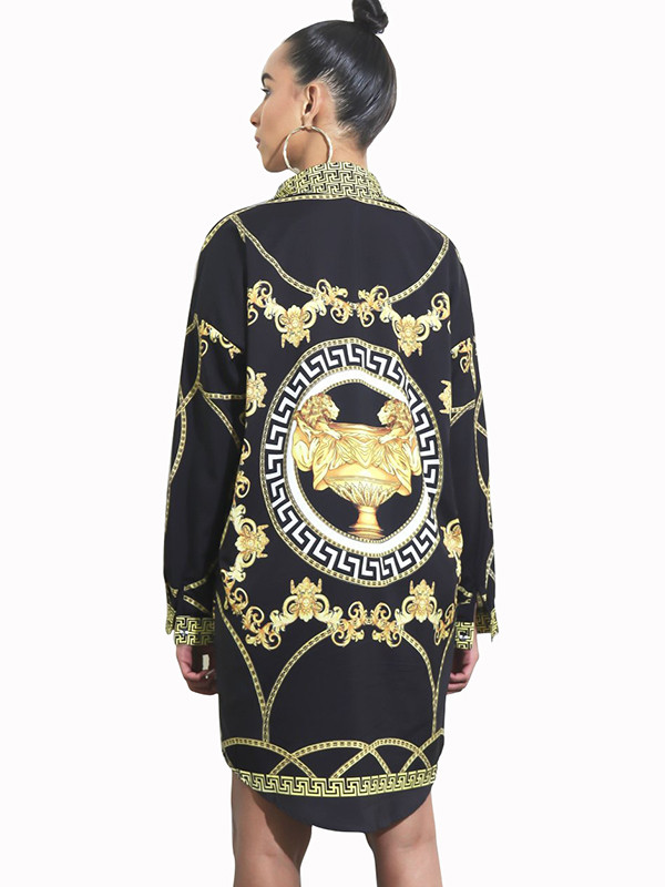 Black Trendy Turndown Collar Printed Dress