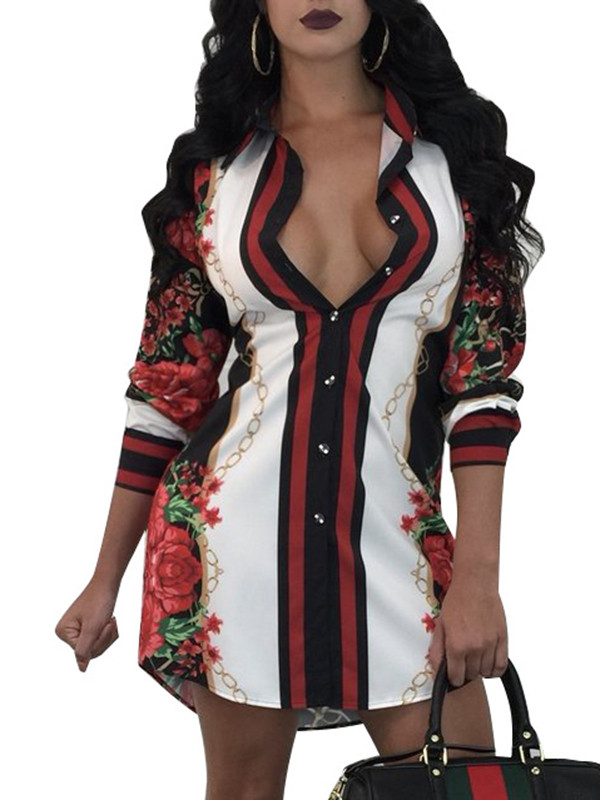 Black Turndown Collar Printed Patchwork Dress