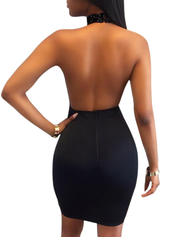 Black Turtleneck See-Through Backless Midi Dress