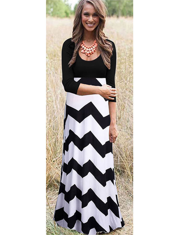 Black U Neck Patchwork Colorful Wavy Print Blending Bohemian Dress 