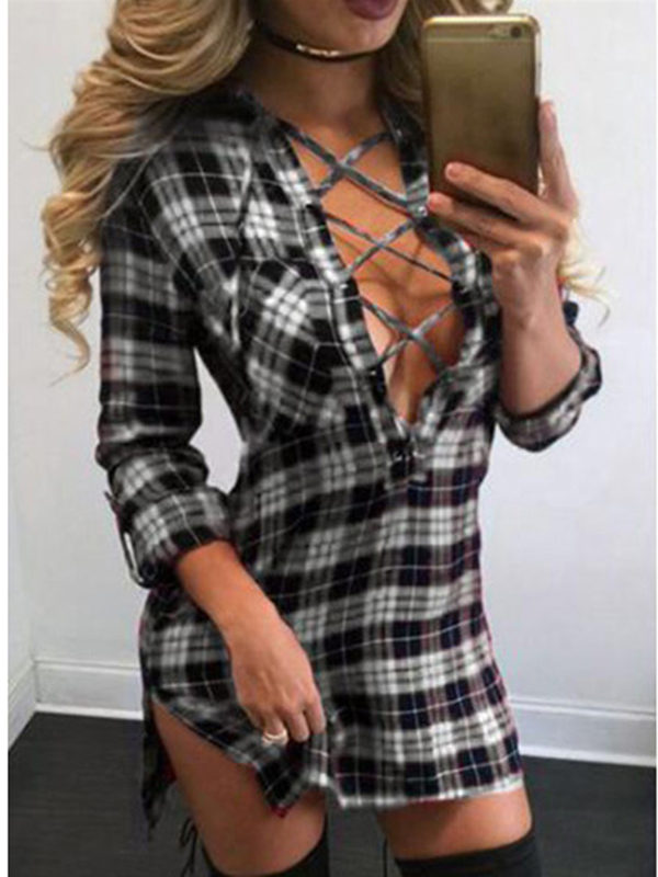 Black V Neck Plaids Hollow-out Dress