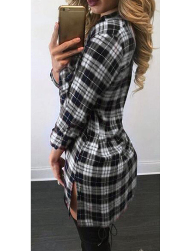 Black V Neck Plaids Hollow-out Dress