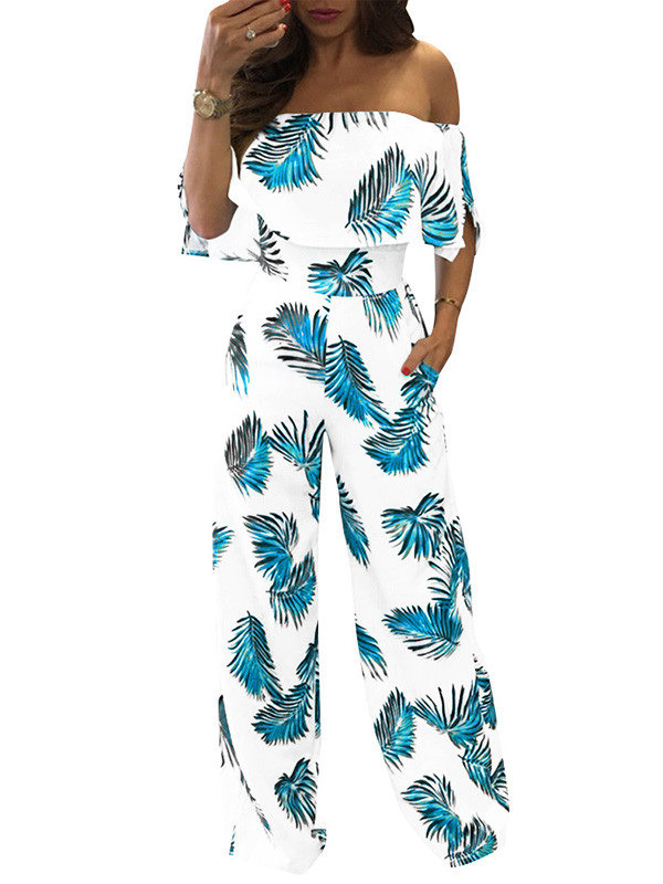 Blue Dew Shoulder Print White Milk Jumpsuits