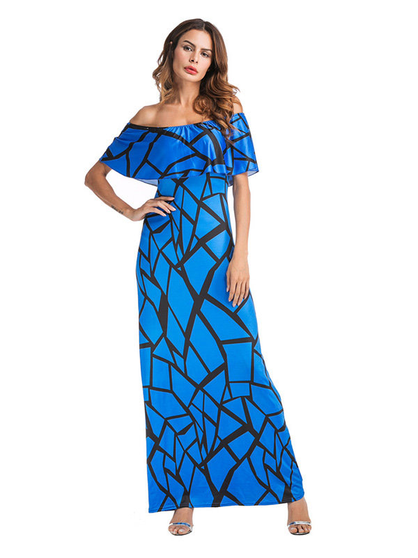 Blue Falbala Design Ankle Length Maxi Dress